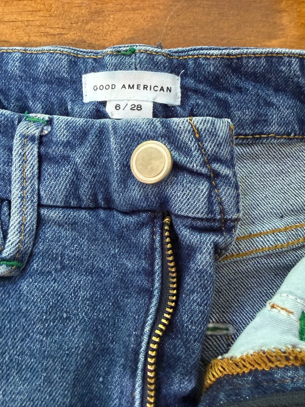 Good American Good Legs Flare Jeans Dark Wash Raw Hem Recycled Cotton Size 6/28